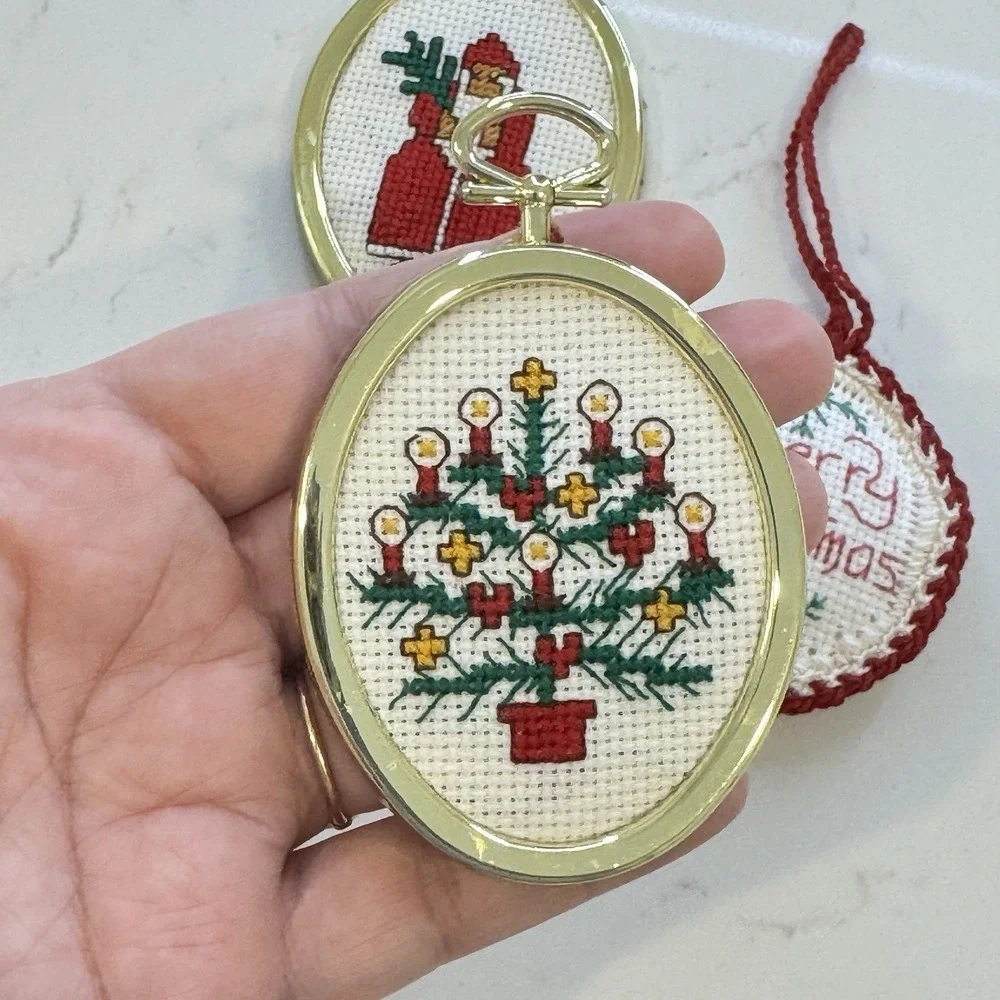 Vtg Cross Stitch Christmas Ornaments Cottage Core Gold Framed Santa Americana